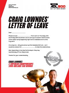 VAILO Adelaide 500: Letter from Lowndsey